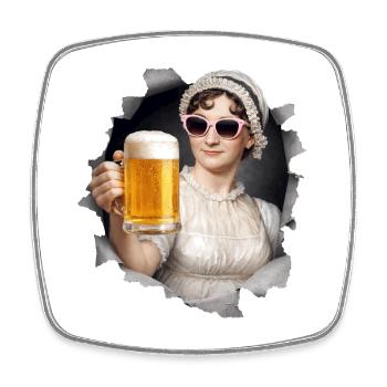 Jane Austen avec de la bière et des lunettes de soleil - Magnet carré - blanc - Devant