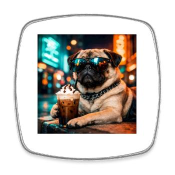 Carlin drôle qui boit du café glacé Mème du chien mignon - Magnet carré - blanc - Devant
