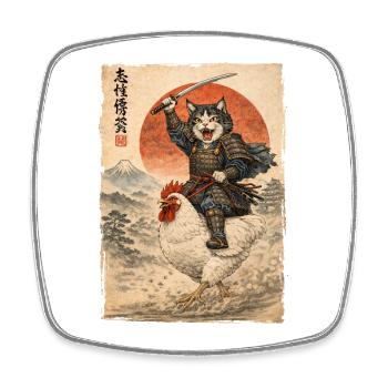 Samurai Cat Riding Chicken Japanese Ukiyoe - Square fridge magnet - white - Front