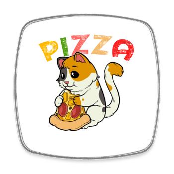 Pizza Katze: Süßes Kätzchen mit Pizza-Salami - Viereckiger Kühlschrankmagnet - Weiß - Vorne