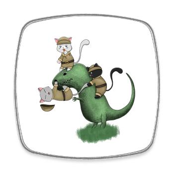 Kawaii Camping Cats Riding Dinosaur Shirt - Square fridge magnet - white - Front