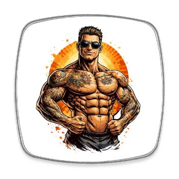 Tattoo muscle man in the sun fire - Square fridge magnet - white - Front