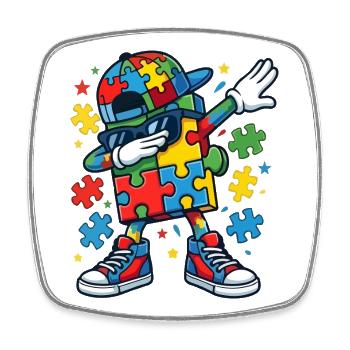 Toucher la pièce du puzzle Mascotte Sensibilisation à l’autisme - Magnet carré - blanc - Devant
