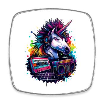 Neon unicorn with headphones in 80s sound - Square fridge magnet - white - Front