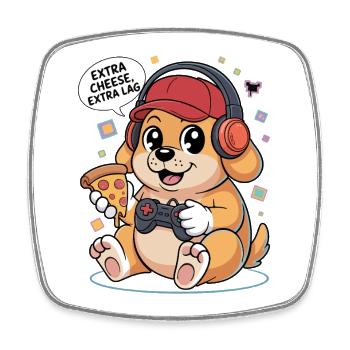 Gaming Hund mit Pizza - Viereckiger Kühlschrankmagnet - Weiß - Vorne