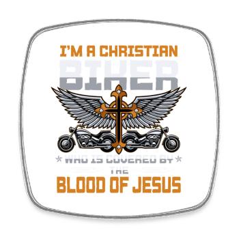 Biker chrétien couvert par Jesus Blood Design - Magnet carré - blanc - Devant