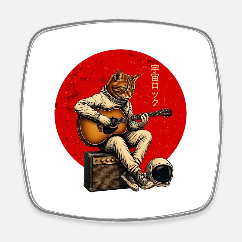 Space Rock  Cat Astronaut Playing Guitar - Square fridge magnet - white