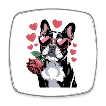  Französische Bulldogge mit Rose und Herzbrille - Viereckiger Kühlschrankmagnet - Weiß - Vorne