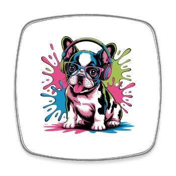  Französische Bulldogge Mit Kopfhörern Bunter - Viereckiger Kühlschrankmagnet - Weiß - Vorne