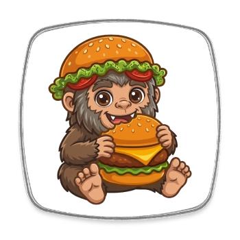 Mignon Sasquatch Bigfoot Cartoon Burger de restauration rapide - Magnet carré - blanc - Devant
