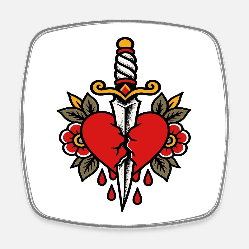 Heart Pierced Dagger Tattoo Style - Square fridge magnet - white
