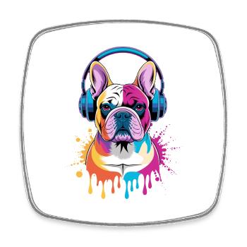 Bouledogue français Frenchie avec des écouteurs - Magnet carré - blanc - Devant