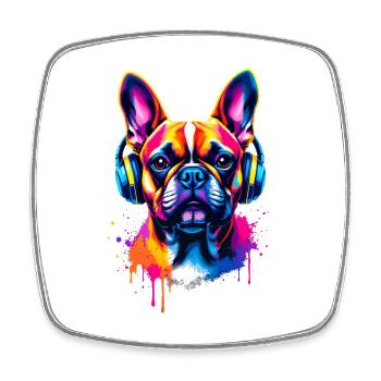 Bouledogue français Frenchie avec des écouteurs - Magnet carré - blanc - Devant