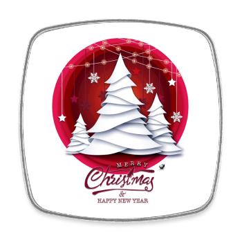 Red Christmas ball with white fir trees - Square fridge magnet - white - Front