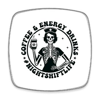 Skeleton Barista with Coffee & Energy Night Shift - Square fridge magnet - white - Front