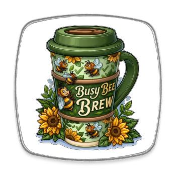 Busy Bee Brew Kaffeetasse mit Sonnenblumen - Viereckiger Kühlschrankmagnet - Weiß - Vorne