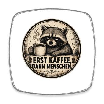 Erst Kaffee, Dann Menschen – Waschbär Vintage - Viereckiger Kühlschrankmagnet - Weiß - Vorne