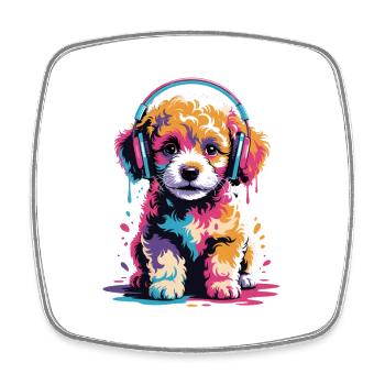 Maltipoo Welpe mit Kopfhörern - Viereckiger Kühlschrankmagnet - Weiß - Vorne