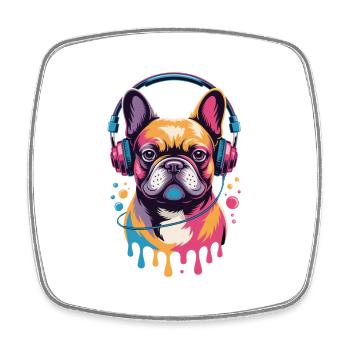 Bouledogue français Frenchie avec des écouteurs - Magnet carré - blanc - Devant