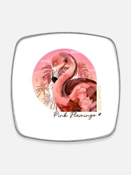 Pink flamingo illustration in the circle of the sunset - Square fridge magnet - white