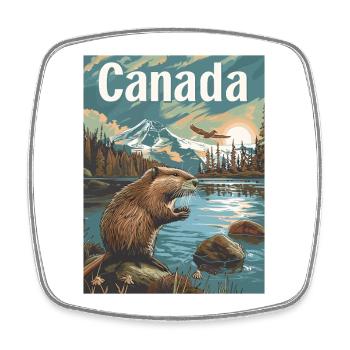 Natural Wonders of Canada Landscape by the Lake with Beaver - Square fridge magnet - white - Front