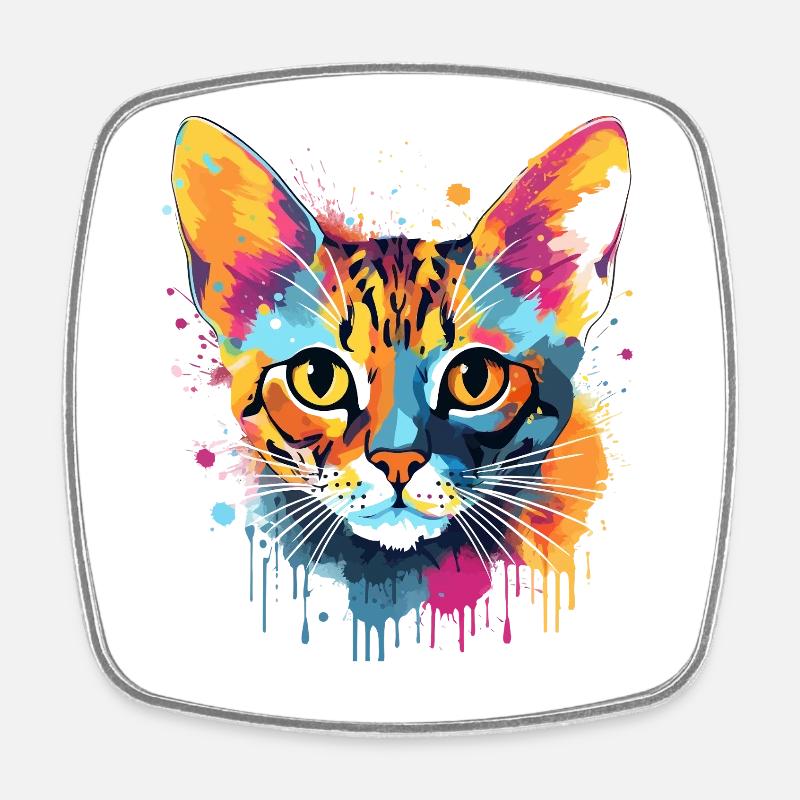 Colorful Bengal Cat Face Splash Art - Square fridge magnet - white