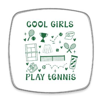 Vintage Retro Dark Green Cool Girls Play Tennis  - Square fridge magnet - white - Front
