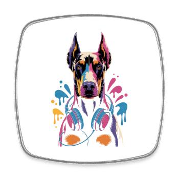 Dobermann mit Kopfhörern - Viereckiger Kühlschrankmagnet - Weiß - Vorne