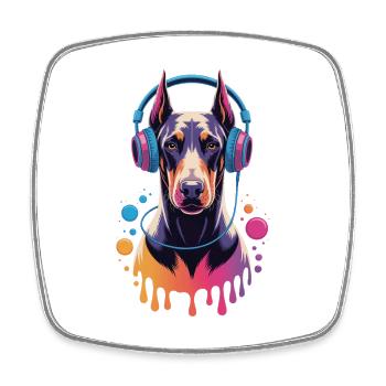 Dobermann mit Kopfhörern - Viereckiger Kühlschrankmagnet - Weiß - Vorne