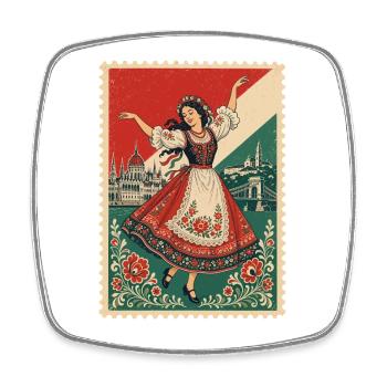 Vintage Hungarian Folk Dance Postage Stamp - Square fridge magnet - white - Front
