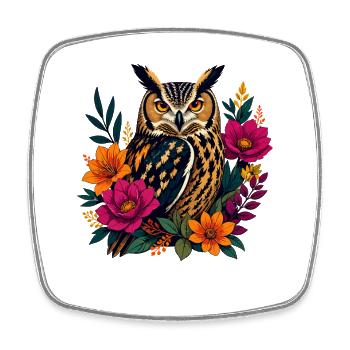 Tawny owl in a wreath of flowers - Square fridge magnet - white - Front