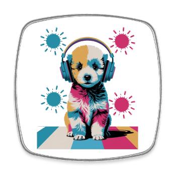Chiot caniche avec un casque - Magnet carré - blanc - Devant