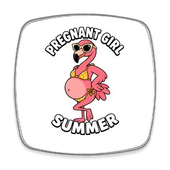 Fille enceinte, été, plage, flamant rose - Magnet carré - blanc - Devant