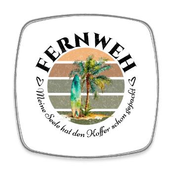 FERNWEH T-Shirt Palme Surfboard - Koffer gepackt - Viereckiger Kühlschrankmagnet - Weiß - Vorne