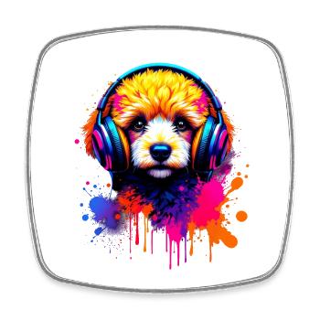 Chiot caniche avec un casque - Magnet carré - blanc - Devant