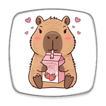 Kawaii Capybara Drinking Japanese Strawberry Milk - Square fridge magnet - white - Front