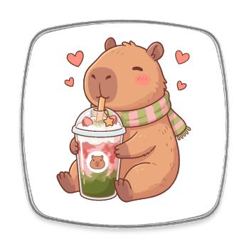 Niedliche Kawaii Capybara trinken Erdbeer-Matcha - Viereckiger Kühlschrankmagnet - Weiß - Vorne