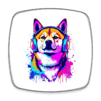Shiba Inu with headphones - Square fridge magnet - white - Front