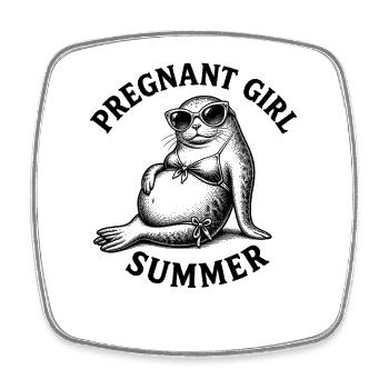 Pregnant girl, summer, beach, seal, funny - Square fridge magnet - white - Front