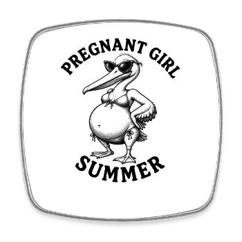 Pregnant girl, summer beach, pelican, funny - Square fridge magnet - white - Front