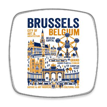 Illustrated Landmarks Of Brussels Belgium Capital - Square fridge magnet - white - Front