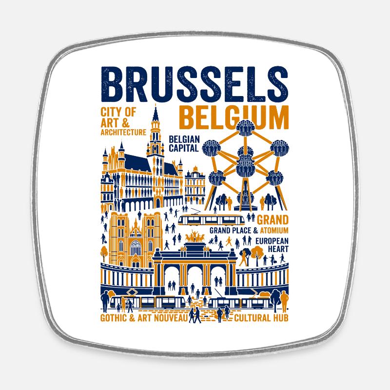 Monuments illustrés de Bruxelles Capitale belge - Magnet carré - blanc
