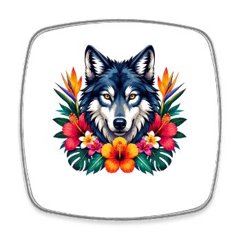 Wolfskopf mit Tropenblumen - Viereckiger Kühlschrankmagnet - Weiß - Vorne