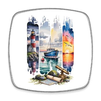Küsten T-Shirt mit Leuchtturm – Maritimes Meer - Viereckiger Kühlschrankmagnet - Weiß - Vorne