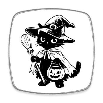 Black Cat Witch with Broom and Jack-o-lantern - Square fridge magnet - white - Front