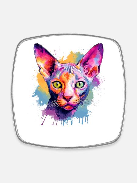 Colorful Splash Art Cornish Rex Cat Face  - Square fridge magnet - white