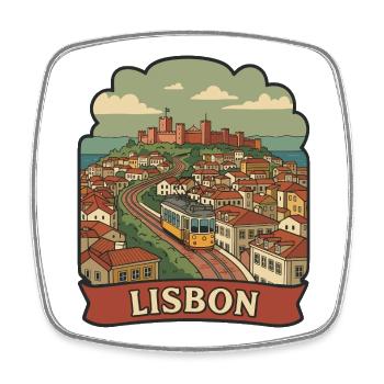 Lissabon Yellow Tram Retro Travel Badge - Viereckiger Kühlschrankmagnet - Weiß - Vorne