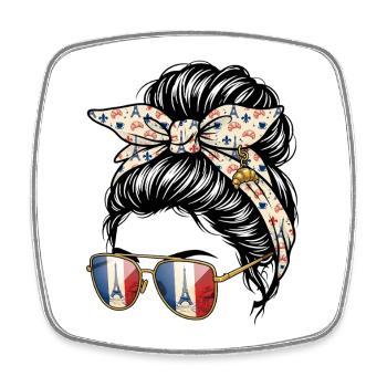 Girl Bun Disheveled France Eiffel Tower - Square fridge magnet - white - Front