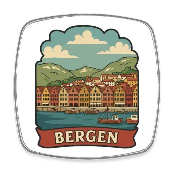 Autocollant de voyage vintage Bryggen Bergen Norvège - Magnet carré - blanc - Devant
