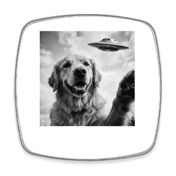Funny Golden Retriever Dog with UFO Alien - Square fridge magnet - white - Front